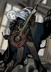 Rule 34 | 1girl, angela (project moon), ascot, black ascot, black cape, black jacket, black pants, blue hair, brooch, cape, e.g.o (project moon), gem, guitar, highres, holding, holding instrument, instrument, jacket, jewelry, library of ruina, long hair, looking at viewer, music, nishikujic, pants, parted lips, playing instrument, project moon, purple gemstone, singing machine, smile, solo, yellow eyes