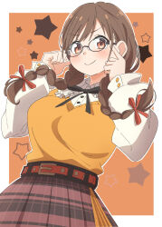 Rule 34 | 1girl, alternate hairstyle, belt, bespectacled, black-framed eyewear, black ribbon, blush, border, bow, braid, breasts, brown background, brown eyes, brown hair, brown sweater vest, closed mouth, cowboy shot, eitopondo, frilled shirt, frills, glasses, hair bow, hair ribbon, hands up, highres, idolmaster, idolmaster shiny colors, index finger raised, large breasts, long hair, long sleeves, looking at viewer, neck ribbon, outside border, pink skirt, plaid, plaid skirt, pleated skirt, red belt, red ribbon, ribbon, shirt, skirt, smile, solo, sonoda chiyoko, standing, star (symbol), starry background, sweater vest, twin braids, twintails, v-shaped eyebrows, white border, white shirt