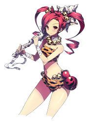 Rule 34 | 1girl, absurdres, animal print, artist request, bandages, beads, club (weapon), cropped legs, hair bobbles, hair ornament, highres, holding, horns, keikonkei folklore, long hair, navel, oni, oni horns, red eyes, red hair, simple background, solo, soulaki, spiked club, tiger print, twintails, weapon, white background