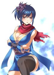 Rule 34 | 1girl, arms under breasts, black thighhighs, blue hair, blue kimono, blush, breasts, brown eyes, brown sash, cleavage, closed mouth, crossed arms, elbow gloves, expressionless, feet out of frame, gloves, hair ornament, japanese clothes, jyuru, kimono, large breasts, leg up, legs, looking at viewer, ninja, ninja (ragnarok online), obi, painttool sai (medium), pinwheel hair ornament, ragnarok online, red scarf, sash, scarf, short hair, skirt, sleeveless, solo, thighhighs, thighs, torn clothes, torn scarf, zettai ryouiki