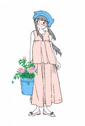 Rule 34 | 1girl, arms at sides, artist name, blue hat, blunt bangs, blush, bucket, closed mouth, colored skin, dress, flat color, flower, full body, grey hair, hat, highres, holding, holding bucket, long dress, long hair, looking to the side, original, pink dress, pink flower, pink footwear, plant, potted plant, ryuular, shoes, sidelocks, sideways glance, simple background, sleeveless, sleeveless dress, smile, solo, standing, watermark, white background, white skin