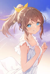Rule 34 | 1girl, absurdres, backlighting, bang dream!, bare arms, blue eyes, blue sky, blurry, breasts, brown hair, chromatic aberration, cloud, collarbone, commentary, depth of field, dress, evening, frilled dress, frills, from side, gradient sky, grin, hair ribbon, highres, light blush, light particles, looking at viewer, looking to the side, medium breasts, medium hair, negoma54, outdoors, parted lips, ponytail, purple sky, ribbon, sidelocks, sky, sleeveless, sleeveless dress, smile, solo, standing, sundress, upper body, white dress, yamabuki saya, yellow ribbon