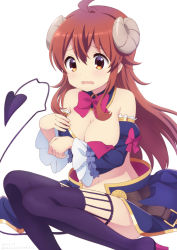 Rule 34 | 1girl, ahoge, bare shoulders, blue collar, blue sleeves, boots, bow, breasts, brown eyes, brown hair, cleavage, collar, commentary request, curled horns, demon girl, demon horns, demon tail, detached collar, detached sleeves, hair between eyes, highres, horns, juliet sleeves, long hair, long sleeves, looking at viewer, machikado mazoku, medium breasts, navel, neki (wakiko), open mouth, pink bow, puffy sleeves, purple footwear, purple thighhighs, revealing clothes, simple background, sitting, solo, tail, tail raised, thigh boots, thighhighs, very long hair, wavy mouth, white background, wing collar, yoshida yuuko (machikado mazoku)