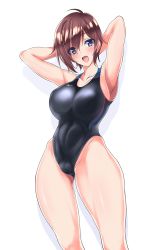 Rule 34 | 1girl, arms behind head, black eyes, black one-piece swimsuit, breasts, brown hair, collarbone, commentary request, competition swimsuit, cowboy shot, female focus, highleg, highleg swimsuit, large breasts, looking at viewer, miyane aki (radical dash), one-piece swimsuit, open mouth, original, short hair, simple background, smile, solo, standing, swimsuit, white background