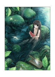 Rule 34 | 1girl, black hair, blunt bangs, collarbone, completely nude, cutting board, dated, day, flat chest, food, framed, fruit, full body, green eyes, highres, holding, holding food, knife, leaf, long hair, looking at viewer, nature, nude, original, outdoors, parted lips, partially submerged, rock, roreru (rorerore-ya), signature, sitting, solo, very long hair, water, watermelon