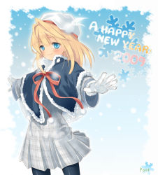 Rule 34 | 00s, 2009, bad id, bad pixiv id, beret, black pantyhose, blonde hair, blue eyes, blush, gloves, hat, hat feather, new year, pan (mimi), pantyhose, plaid, pom pom (clothes), smile, snowing