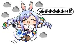 Rule 34 | 1girl, :d, = =, animal ear fluff, animal ears, black gloves, black leotard, blue hair, blush stickers, braid, brown pantyhose, carrot hair ornament, chibi, closed eyes, cloud, don-chan (usada pekora), dress, facing viewer, flying, food-themed hair ornament, full body, fur-trimmed dress, fur-trimmed gloves, fur trim, gloves, hair ornament, hololive, kanikama, leotard, lowres, open mouth, outstretched arms, pantyhose, rabbit ears, short eyebrows, sidelocks, simple background, smile, solo, spread arms, thick eyebrows, translated, twin braids, twintails, usada pekora, usada pekora (1st costume), virtual youtuber, white background, white dress, white hair