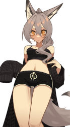 Rule 34 | 1girl, absurdres, animal ears, black sweater, breasts, expressionless, fenrir (ghost (tama)), ghost (tama), grey hair, hair between eyes, highres, leaning back, long hair, looking at viewer, medium breasts, midriff, navel, off shoulder, open hand, original, perspective, sleeves past fingers, sleeves past wrists, solo, sweater, tail, tank top, white background, wolf ears, wolf girl, wolf tail, yellow eyes