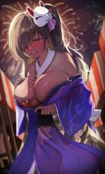 1girl absurdres ariari breasts brown_eyes brown_hair cleavage dark_skin fireworks fox_mask goddess_of_victory:_nikke hair_over_one_eye half-closed_eyes highres japanese_clothes kimono large_breasts long_hair long_sleeves mask mask_on_head naga_(last_girlhood)_(nikke) naga_(nikke) night open_mouth outdoors purple_kimono side_ponytail smile solo wide_sleeves