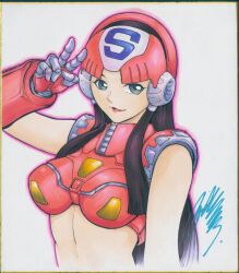 Rule 34 | 1girl, andy seto, black hair, blunt ends, breasts, chinese commentary, commentary request, crop top, gauntlets, helmet, highres, marker (medium), medium breasts, midriff, parted lips, plawres sanshirou, sakurahime, signature, solo, traditional media, upper body, v
