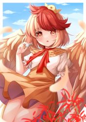 Rule 34 | 1girl, absurdres, animal, animal on head, artist name, bird, bird on head, bird wings, blonde hair, chick, dress, feathered wings, highres, holding, holding whistle, multicolored hair, niwatari kutaka, on head, open mouth, orange dress, orange eyes, red hair, short hair, short sleeves, signature, solo, touhou, twitter username, two-tone hair, whistle, wings, yellow wings, yu cha