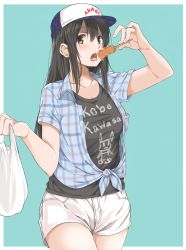 Rule 34 | 10s, 1girl, absurdres, akagi (kancolle), alternate costume, amu (258shin), aqua background, bag, black hair, blue shirt, breasts, brown eyes, casual, character name, clothes writing, collarbone, dango, eating, food, hat, highres, kantai collection, large breasts, long hair, looking at viewer, open mouth, plaid, plaid shirt, shirt, shorts, solo, tied shirt, tongue, tongue out, wagashi, white shorts