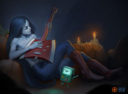 Rule 34 | 1girl, adventure time, axe, black hair, bmo, boots, candle, cartoon network, collarbone, colored skin, dark background, denim, closed eyes, grey skin, guitar, instrument, jeans, kano-kun, long hair, marceline abadeer, music, navel, pants, playing instrument, pumpkin, reclining, robot, sitting, stomach, tomboy, topless, vampire, weapon