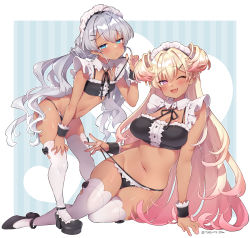 Rule 34 | 2girls, ;d, absurdres, ahoge, bare arms, bare shoulders, bent over, bikini, black bikini, black footwear, blonde hair, blue eyes, breasts, cleavage, dark-skinned female, dark skin, flat chest, frills, gradient hair, grey hair, groin, hair ornament, hairclip, hand on own thigh, highres, iona (trente), large breasts, long hair, looking at viewer, low twintails, maid, maid bikini, maid headdress, mary janes, multicolored hair, multiple girls, navel, one eye closed, open mouth, original, pink eyes, shoes, sig (trente), sitting, skindentation, smile, standing, stomach, strap pull, string bikini, swimsuit, thighhighs, thighs, trente, twintails, twitter username, two side up, unconventional maid, very long hair, white legwear, wing collar, wrist cuffs, yokozuwari