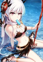 Rule 34 | 1girl, anklet, bad id, bad twitter id, between legs, bikini, black valkyrie (p&amp;d), braid, breasts, cleavage, dark valkyrie (p&amp;d), food, highres, jewelry, jpeg artifacts, long hair, looking at viewer, mouth hold, navel, popsicle, puuzaki puuna, puzzle &amp; dragons, red eyes, sandals, scarf, shallow water, sitting, solo, swimsuit, twin braids, valkyrie (p&amp;d), wariza, water, weapon, wet, white hair