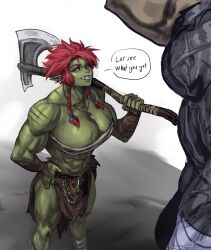 Rule 34 | 1509virgoart, 1girl, 1other, abs, axe, battle axe, breasts, chest sarashi, cleavage, colored skin, english text, female orc, green skin, hand on own hip, highres, holding, holding axe, holding weapon, huge breasts, loincloth, monster, muscular, muscular female, orc, original, over shoulder, pointy ears, red hair, sarashi, shadow, signature, simple background, speech bubble, torn clothes, torn loincloth, tusks, weapon, weapon over shoulder, white background, yellow eyes