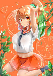 Rule 34 | 1girl, absurdres, adjusting hair, armpits, arms up, breasts, closed mouth, food, fruit, gradient hair, green hair, highres, large breasts, leaf, long hair, looking at viewer, midriff, multicolored hair, navel, necktie, orange (fruit), orange background, orange eyes, orange hair, orange print, orange slice, orange theme, original, personification, ponytail, see-through, sitting, skirt, smile, solo, stomach, streaked hair, takemura kou, thighs, wariza, wet