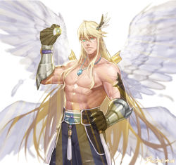 Rule 34 | 1boy, abs, angel, angel wings, angry, bara, belt, biceps, blonde hair, dungeon and fighter, feather hair ornament, feathers, fighter (dungeon and fighter), gauntlets, gloves, green eyes, hair ornament, hand on own hip, jewelry, jin (sirius-j), large pectorals, light, light rays, long hair, male fighter (dungeon and fighter), male focus, manly, mature male, muscular, muscular male, necklace, pants, pectorals, ring, skirt, solo, teeth, topless male, wings