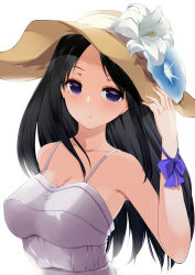 Rule 34 | 1girl, amasora taichi, bare arms, black hair, breasts, cleavage, collarbone, dress, flower, hat, hat flower, highres, large breasts, long hair, looking at viewer, original, purple eyes, ribbon, sleeveless, sleeveless dress, solo, upper body, very long hair, white dress, wrist ribbon