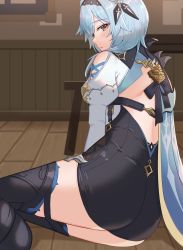 Rule 34 | 1girl, absurdres, ass, ass focus, backless leotard, backless outfit, black thighhighs, blue eyes, blue hair, bodystocking, cape, eula (genshin impact), from behind, genshin impact, hairband, half-closed eyes, highres, kuwahara taiki, leotard, long sleeves, looking at viewer, puffy long sleeves, puffy sleeves, thighhighs, thighs, wooden floor, yellow eyes
