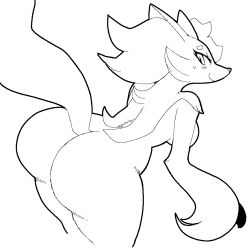 Rule 34 | 1girl, ass, blush, cowboy shot, creatures (company), delphox, from behind, furry, furry female, game freak, gen 6 pokemon, greyscale, hypnofood, looking at viewer, looking back, monochrome, nintendo, pokemon, smile, solo, sweatdrop