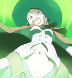 Rule 34 | 10s, 1girl, breasts, brown hair, from below, green background, green theme, haruyama kazunori, hat, kagari atsuko, little witch academia, long hair, navel, open mouth, red eyes, small breasts, solo, witch hat