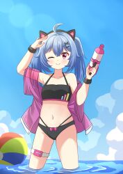 Rule 34 | 1girl, absurdres, animal ears, ball, belly, bikini, blue hair, blush, blush stickers, chiaki katsumi, cloud, cloudy sky, commission, fake animal ears, hair ornament, hairclip, highres, jacket, looking at viewer, navel, one eye closed, pink eyes, pixellink, sky, smile, solo, sunlight, swimsuit, virtual youtuber, water, water gun, wink