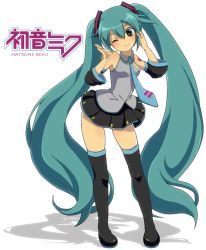 Rule 34 | 1girl, aqua hair, bad id, bad pixiv id, boots, detached sleeves, female focus, full body, hatsune miku, head tilt, hiyuka (nyan), long hair, necktie, one eye closed, simple background, skirt, smile, solo, thigh boots, thighhighs, twintails, very long hair, vocaloid, white background, wink