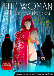 Rule 34 | 1girl, 2others, blunt bangs, breasts, cape, character name, facing viewer, female focus, glowing, glowing eyes, hood, hood up, hyuuga hinata, looking at viewer, medium breasts, multiple others, naked cape, naruto, naruto (series), nipples, pussy, red cape, standing, super melons, text focus