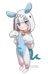 Rule 34 | 1girl, absurdres, animal costume, animal ears, animal hands, animal hood, bell, blue eyes, blue hair, blunt bangs, buck teeth, cat paws, commentary, english commentary, fake animal ears, fanbox username, fins, fish tail, full body, gawr gura, gloves, grey hair, highres, hololive, hololive english, hood, jingle bell, looking at viewer, multicolored hair, neck bell, onesie, opossumachine, paw gloves, rabbit ears, rabbit hood, shark girl, shark tail, short hair, simple background, smile, socks, solo, streaked hair, tail, teeth, virtual youtuber, watermark, web address, white background, white socks