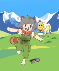 Rule 34 | 1boy, 1girl, alps no shoujo heidi, animal ears, animal nose, arm behind back, bald, bandana, bandana around neck, barefoot, black eyes, blue sky, blush stickers, closed mouth, cocoa powder, colored skin, dirty, dirty clothes, goat, green overalls, grey hair, highres, hill, leaf, leaf on head, looking at another, mode aim, mountainous horizon, orange shirt, outdoors, outstretched arms, parody, peanuts-kun, ponpoko (vtuber), raccoon ears, raccoon girl, raccoon tail, red bandana, running, shirt, short hair, short sleeves, shorts, sky, smile, spill, spread arms, style parody, suspenders, tail, topless, virtual youtuber, vuvuzuke, white shirt, yellow skin