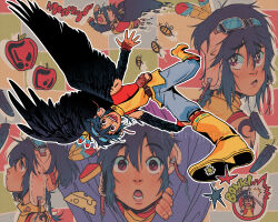 Rule 34 | &gt; &lt;, +anima, 1boy, apple, bird boy, black feathers, black hair, black wings, boots, brown eyes, brown footwear, cheese, chibi, commentary, cooro (+anima), drop shadow, english commentary, english text, feather hair ornament, feathers, fingerless gloves, fingernails, flying, food, fruit, gloves, goggles, goggles on head, grey pants, hair between eyes, hair ornament, hands on own head, highres, hitting, looking at viewer, looking back, multiple views, open mouth, outstretched arms, pants, pink vest, purple gloves, queenlypirate, red apple, short hair, square background, twitter username, vest, wings