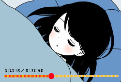 Rule 34 | 1girl, :o, aoyama kotoha (mitsuboshi colors), blanket, blush, closed eyes, commentary request, dot nose, dutch angle, fake video, head on pillow, highres, katsuwo (cr66g), lying, mitsuboshi colors, on back, on bed, partially colored, pillow, sleeping, solo, under covers