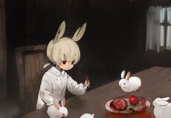 Rule 34 | 1girl, albino, chair, child, curtains, eating, food, fork, fruit, highres, indoors, low twintails, original, plate, pomegranate, rabbit, rabbit ears, red eyes, shirokujira, short twintails, table, twintails, window