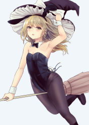 Rule 34 | 1girl, alternate costume, animal ears, black bow, black bowtie, black leotard, black pantyhose, blonde hair, boots, bow, bowtie, braid, breasts, broom, broom riding, commentary request, culter, detached collar, fake animal ears, hair between eyes, highres, kirisame marisa, leotard, long hair, looking at viewer, open mouth, pantyhose, playboy bunny, rabbit ears, rabbit tail, side braid, simple background, small breasts, solo, tail, touhou, white background, yellow eyes