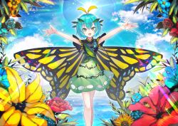 Rule 34 | 1girl, :d, antennae, blue flower, blue hair, blue rose, blue sky, breasts, butterfly wings, cloud, cloudy sky, commentary request, day, dress, eternity larva, fang, flower, green dress, hair between eyes, hair ornament, hibiscus, hidden star in four seasons, hill, hydrangea, insect wings, kusakanmuri, leaf, leaf hair ornament, light rays, looking at viewer, open mouth, outstretched arms, rainbow gradient, rose, short hair, sky, smile, solo, sparkle, sun, sunbeam, sunflower, sunlight, touhou, water, wings, yellow eyes