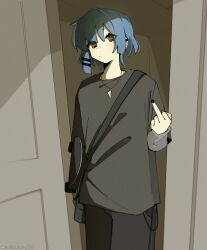 Rule 34 | 1girl, absurdres, black nails, blue hair, bocchi the rock!, hair ornament, highres, holding, holding skateboard, jewelry, looking at viewer, machuuu68, medium hair, middle finger, mole, mole under eye, necklace, skateboard, yamada ryo, yellow eyes