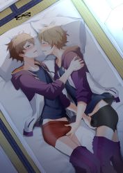 Rule 34 | 2boys, absurdres, blonde hair, blush, briefs, brown eyes, brown hair, closed eyes, clothes pull, ensemble stars!, glasses, highres, hood, hoodie, jacket, kindo, looking at viewer, male focus, male underwear, morisawa chiaki, multiple boys, non-web source, open mouth, pants, pants pull, penis grab, pillow, red eyes, shirt, short hair, simple background, stomach, t-shirt, takamine midori, testicle grab, underwear, yaoi