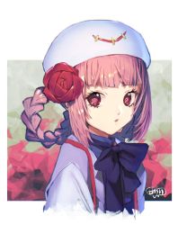 Rule 34 | 1girl, braid, character request, flower, looking at viewer, murata tefu, open mouth, puyopuyo, puyopuyo quest, red eyes, red flower, red rose, rose, short hair, solo, sparkling eyes