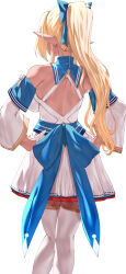 Rule 34 | 1girl, back, bare shoulders, blonde hair, bow, breasts, dark-skinned female, dark skin, elf, hair bow, hands on own hips, high ponytail, highres, hololive, large breasts, long hair, long sleeves, pointy ears, shiranui flare, shiranui flare (1st costume), sidelocks, solo, thighhighs, thighs, uenoryoma, virtual youtuber, white background