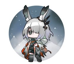Rule 34 | 1girl, animal ear fluff, animal ears, arknights, black gloves, black shirt, boots, chibi, closed mouth, commentary, copyright request, eyebrows hidden by hair, frostnova (arknights), full body, gloves, grey eyes, grey footwear, grey hair, grey jacket, hair ornament, hair over one eye, hairclip, hand up, jacket, looking at viewer, miebao, shirt, solo, standing, symbol-only commentary, torn clothes, torn jacket
