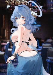 Rule 34 | 1girl, ako (blue archive), ako (dress) (blue archive), ass, back, backless dress, backless outfit, bare arms, bare shoulders, blue archive, blue dress, blue eyes, blue hair, blue halo, blurry, blurry background, blush, breasts, butt crack, closed mouth, dress, from behind, hair ornament, hairband, halo, highres, indoors, large breasts, looking at viewer, looking back, medium hair, solo, standing, yukineko1018