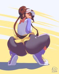 Rule 34 | 1girl, ass, blue eyes, bow, brown hair, creatures (company), double bun, fidelio, game freak, hair bun, highres, huge ass, long hair, long sleeves, looking at viewer, looking back, nintendo, pantyhose, pink bow, pokemon, pokemon bw2, raglan sleeves, rosa (pokemon), shoes, smile, sneakers, solo, squatting, twintails, visor cap