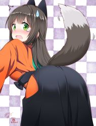 Rule 34 | 10s, 1girl, ^^^, animal ears, ass, bad id, bad pixiv id, bent over, black hair, blush, checkered background, commentary, ear blush, fake animal ears, from behind, green eyes, hakama, hakama skirt, half updo, japanese clothes, leaning forward, long hair, looking at viewer, looking back, meiji schoolgirl uniform, nose blush, open mouth, skirt, solo, sweatdrop, tail, tail wagging, tatsumi kon, tearing up, urara meirochou, wavy mouth, weshika