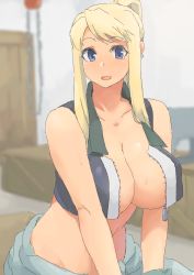Rule 34 | 1girl, bare shoulders, blonde hair, blue eyes, breasts, cleavage, collarbone, fullmetal alchemist, large breasts, long hair, looking at viewer, minakami (flyingman555), open mouth, sitting, smile, solo, sweat, unzipped, winry rockbell