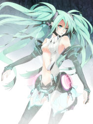 Rule 34 | 1girl, aqua eyes, aqua hair, bare shoulders, breasts, bridal gauntlets, center opening, detached sleeves, hatsune miku, hatsune miku (append), highres, long hair, navel, neon trim, plastick, solo, twintails, vocaloid, vocaloid append