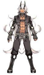 Rule 34 | 1boy, abs, aggron, black horns, blue eyes, boots, bracelet, closed mouth, collar, creatures (company), cross-laced footwear, dark-skinned male, dark skin, fingerless gloves, full body, game freak, gen 3 pokemon, gloves, grey collar, grey footwear, grey gloves, hair between eyes, horns, jewelry, katagiri hachigou, lace-up boots, legs apart, long hair, male focus, nintendo, o-ring collar, personification, pokemon, simple background, solo, spiked bracelet, spikes, standing, very long hair, white background, white hair
