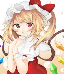 Rule 34 | 1girl, blonde hair, bow, brown background, bubble, bubble background, crystal, dress, embodiment of scarlet devil, eyes visible through hair, flandre scarlet, gradient background, hands up, hat, highres, hyaku paasento, looking at viewer, own hands together, ponytail, red bow, red dress, red eyes, red ribbon, ribbon, short hair, short sleeves, smile, solo, teeth, touhou, white background, white hat, white sleeves, wings