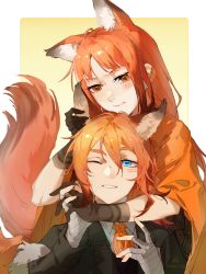 Rule 34 | animal ear fluff, animal ears, arknights, bandaged fingers, bandaged hand, bandages, black gloves, black jacket, blue eyes, blush, brown eyes, character request, closed mouth, collared shirt, commentary request, dated, gloves, highres, jacket, long hair, one eye closed, orange hair, parted lips, qian8102, red hair, sciurus browntail (arknights), shirt, signature, squirrel boy, squirrel ears, squirrel girl, two-tone background, white background, white shirt, yellow background
