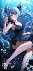 Rule 34 | 1girl, absurdres, air bubble, armpits, bare arms, bare legs, bare shoulders, barefoot, black dress, blue eyes, blue hair, breasts, bubble, cleavage, commentary, convenient leg, dress, feet, floating hair, freediving, frilled dress, frills, hair ribbon, hand up, hatsune miku, highres, large breasts, legs, long hair, looking at viewer, myowa, open mouth, ribbon, shinkai shoujo (vocaloid), sleeveless, sleeveless dress, solo, twintails, underwater, very long hair, vocaloid, water